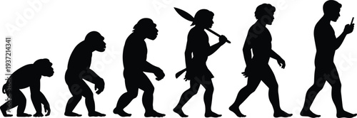 Modern human evolution timeline from ape to smartphone user, humorous technology dependence social commentary vector graphic.