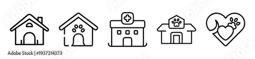 Set of modern animal shelter and veterinary clinic icons with heart