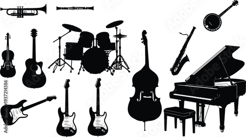 Musical instrument silhouette vector collection featuring piano, drum kit, guitars, violin, trumpet, and various orchestral and band equipment for audio performance design projects