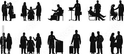 Medical doctor and nurse silhouettes with patients, showing healthcare, consultation, compassion, and professional medical staff in various settings