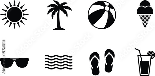 Set of summer beach vacation icons featuring sun, palm tree, beach ball, ice cream, sunglasses, ocean waves, flip flops, and tropical cocktail drink, vector