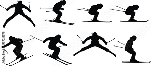 Skier silhouette vector collection featuring alpine skiing athletes in action, jumping, downhill racing, winter sports movements, and outdoor mountain extreme activity icons
