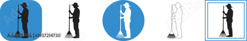 Collection of various silhouette vector graphic icons depicting a person wearing a wide-brimmed hat holding a large garden rake ready for yard work or sweeping duties.