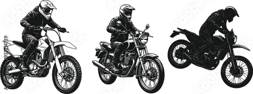 Motorcycle riders vector. Set of various motorcycle silhouettes and motorcyclists in different styles, isolated on white background