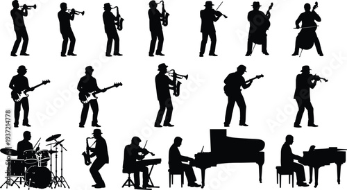 Musician silhouettes playing instruments, jazz and classical performers, vector black and white illustrations, musical ensemble collection