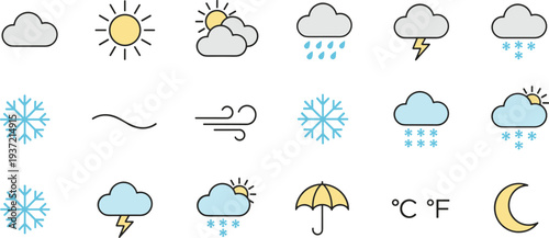 Vector collection of weather icons including sun, clouds, rain, snow, lightning, wind, umbrella, and temperature symbols, colorful flat line illustrations for forecast design