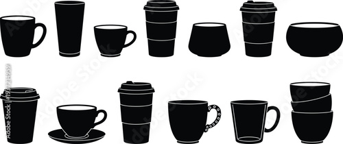 Vector silhouette collection of coffee cups and tea mugs including takeaway paper cups, ceramic espresso cups, glass tumblers, and breakfast bowls for cafe design