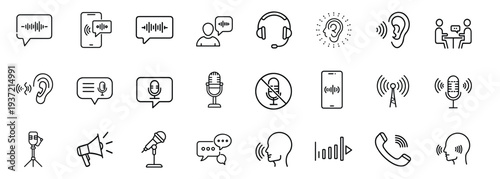 Voice message and audio line icon set featuring microphone sound wave speech bubble and phone communication for podcast and music and more vector illustration or editable stroke