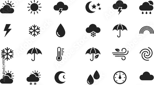 Vector collection of weather icons including sun, clouds, rain, snow, lightning, wind, umbrellas, thermometers, and rainbows, flat black silhouettes for meteorological forecast design