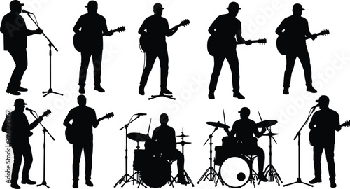Musicians playing guitar, singing, and playing drums, vector silhouette illustration set for music and concert designs
