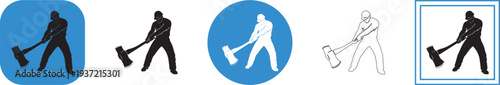 Diverse vector graphic illustrations depicting a strong silhouette of a lumberjack swinging a heavy splitting maul axe with focused intent