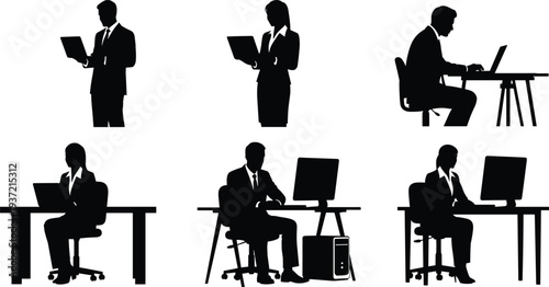 Office worker silhouettes. A set of business men and women working at their desks with computers and laptops