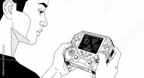 Man intently focused on a handheld device, observing its display with concentration.