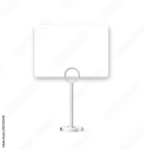 Realistic 3D silver clip displaying blank template on desktop. Perfect mockup for cafe menu, office reminder, business badge, or tabletop presentation flyer.
