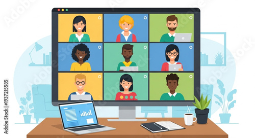 Virtual Meeting Participants on Computer Screen in Video Conference.