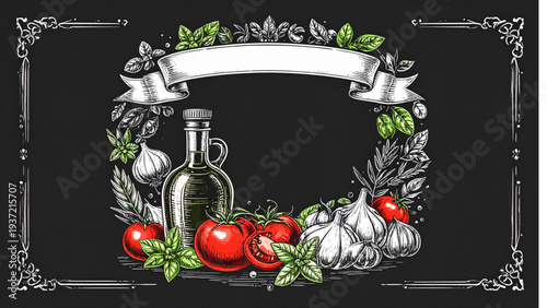 Rustic Food Engraving Illustration Set – Olive Oil, Tomatoes and Decorative Vintage Frames