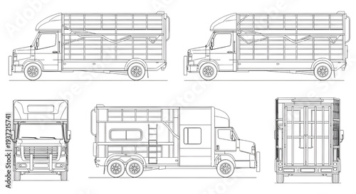 Horse Transport Truck Blueprint Vector – Livestock Carrier Vehicle Technical Drawing Black Outline Isolated on White