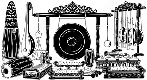 Traditional Indonesian Gamelan Orchestra Instruments Displayed in Detailed Illustration.