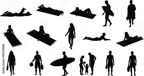 People on the Beach Silhouette Set, Sunbathing, Surfing, and Relaxing by the Ocean, Summer Vacation Vector Illustration for Adobe Stock