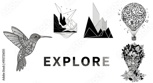 Intricate black and white illustrations of hummingbird, mountains, and human faces, exploring nature.