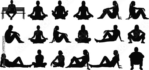 Black Silhouettes of People Sitting in Different Poses, Men and Women Resting, Meditating, Squatting, and Relaxing Isolated on White Background