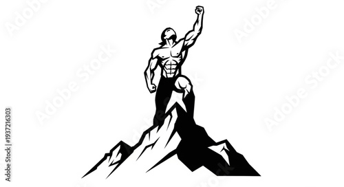 Muscular man triumphantly stands atop a mountain peak, celebrating victory and achievement.