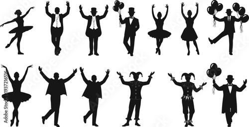 Performance artist silhouettes. A set of theatrical performers, including ballet dancers, circus clowns, and men in top hats, vector illustration
