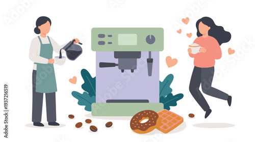 Women enjoying freshly brewed coffee with an espresso machine and pastries