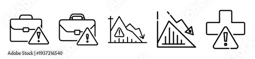Warning signs with briefcases and graphs indicating business risk