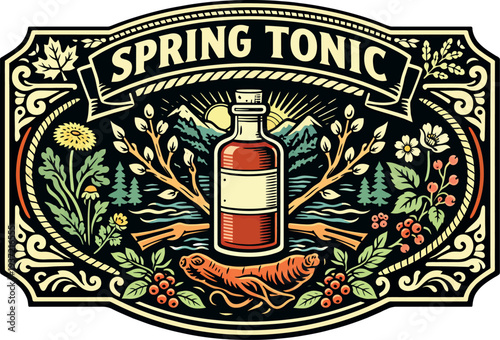 Spring Tonic Vintage Herbal Label Vector