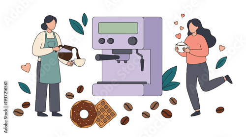 Two women enjoying coffee and pastries with a coffee machine, vector illustration