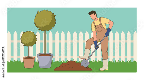 Gardener digging soil with a shovel in a garden with potted shrubs