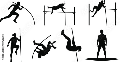 Pole vaulter athlete silhouettes set, running, vaulting over the bar, and landing, demonstrating the dynamic movements of this track and field sport