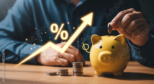 Person saving money into piggy bank with upward interest rate arrow symbolizing financial growth and savings increase