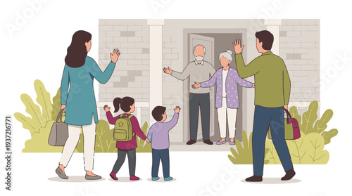 Multi-generational family waving at grandparents at their home doorstep illustration