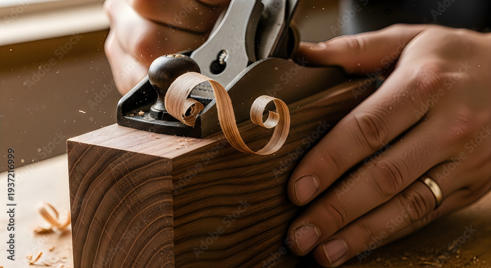 Obraz premium Close up of hands planing wood with a block plane