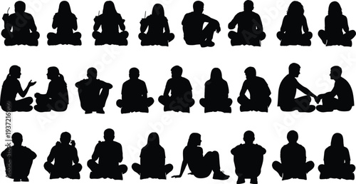 Black Silhouettes of People Sitting on Floor, Men and Women Relaxing, Talking, Drinking, and Socializing Isolated on White Background