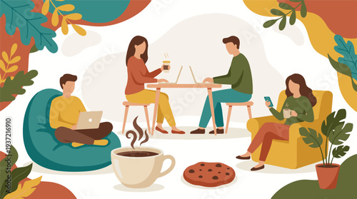 Illustration of people working and relaxing in a modern, cozy co-working space