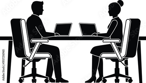 Business meeting silhouette vector illustration, two professionals working with laptops at office desk, corporate teamwork discussion, workplace communication concept isolated
