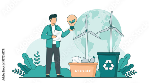 Sustainable Energy and Recycling Concept with Man, Wind Turbines, and Globe