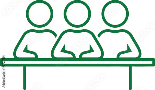 Three people sitting at a table in a simple green line drawing