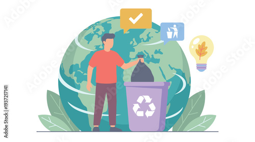 Man recycling garbage into a bin with Earth background, eco-friendly concept