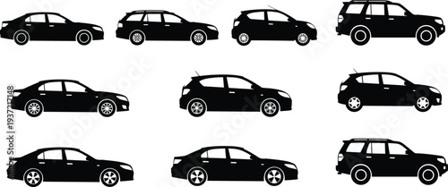 Car silhouettes collection, sedan hatchback SUV vehicle icons set, automobile side view, transportation symbol pack, black car shapes isolated vector illustration