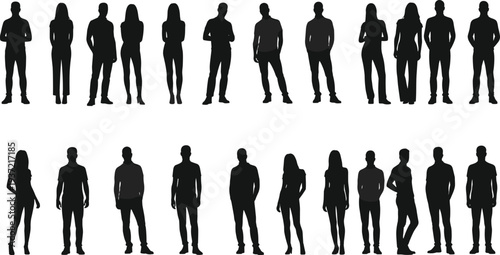 Group of diverse people silhouettes. A set of male and female silhouettes in various standing poses, isolated on white