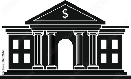 Bank building icon with dollar symbol, financial institution silhouette, classic government bank architecture, finance money concept, investment and banking vector illustration