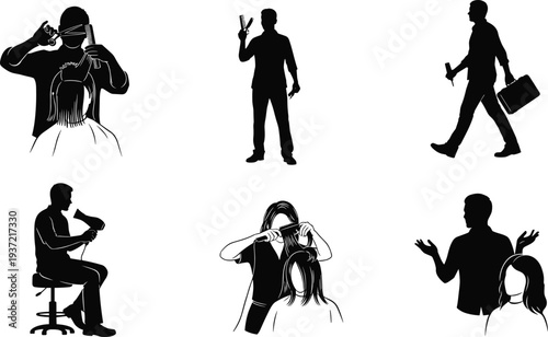 Hairstylist and barber silhouette set working on clients, cutting hair, blow drying, and holding tools for salon and barbershop services