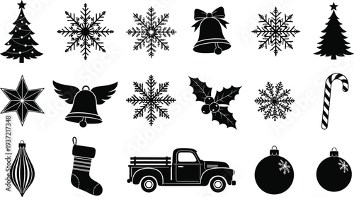 Christmas holiday icons set, snowflake tree bell candy cane ornament stocking vintage truck, festive winter celebration vector illustration collection