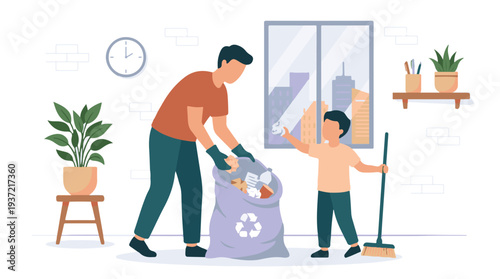 Father and son cleaning home, sorting waste for recycling