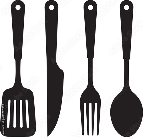 Kitchen Utensils Silhouette Vector Icon Set, Spoon Fork Knife Spatula Black Icon Collection