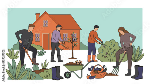 People gardening, planting, watering, pruning, and harvesting in a backyard.